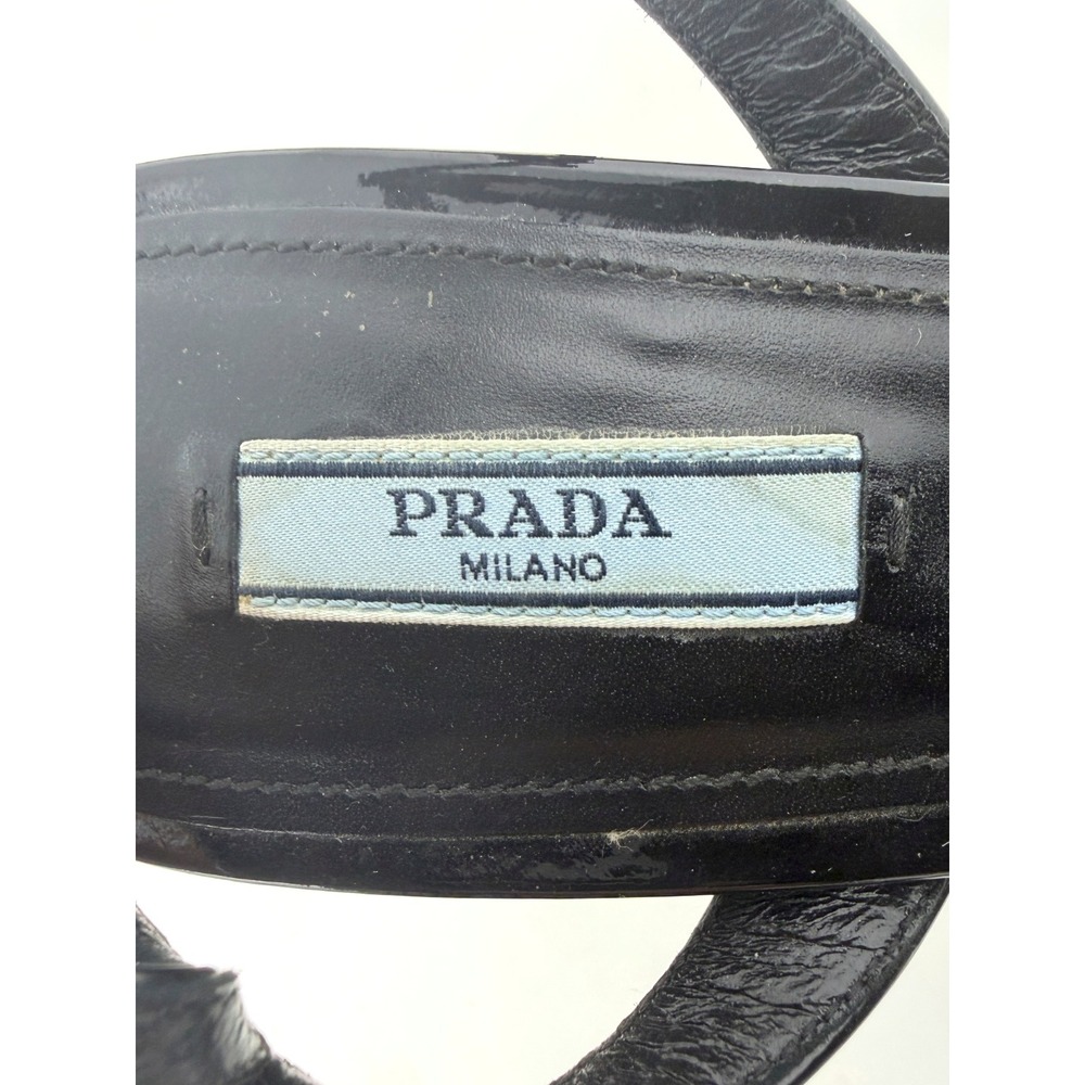 Prada Black Patent Leather Platform Wedge Sandals Size 41 Ankle Strap Heels - Picture 6 of 9